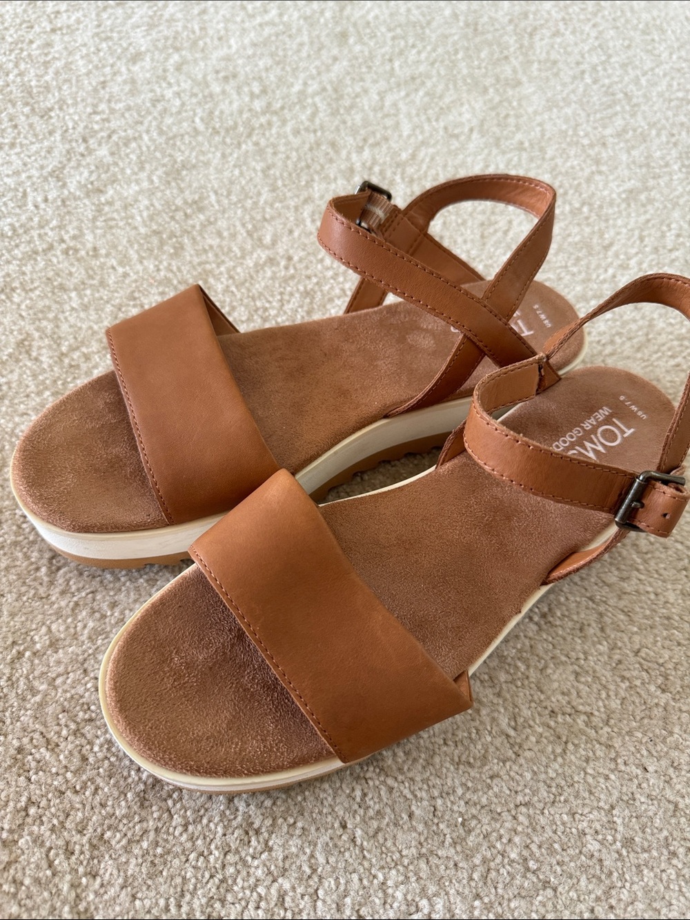 Toms Tan Leather Ankle-Strap Platform Sandals